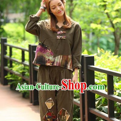 Traditional Chinese National Costume, Elegant Hanfu Joint Color Flowers Linen Army Green T-Shirt, China Tang Suit Plated Buttons Blouse Cheongsam Upper Outer Garment Qipao Shirts Clothing for Women