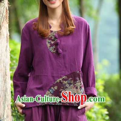 Traditional Chinese National Costume, Elegant Hanfu Joint Color Flowers Linen Plated Buttons Purple T-Shirt, China Tang Suit Blouse Cheongsam Upper Outer Garment Qipao Shirts Clothing for Women
