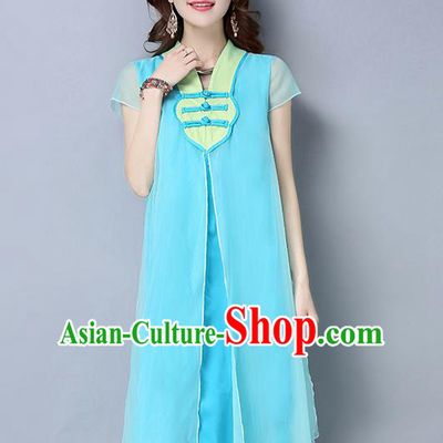 Traditional Ancient Chinese National Costume, Elegant Hanfu Chiffon Plated Buttons Blue Dress, China Tang Suit Chirpaur Cheongsam Elegant Dress Clothing for Women