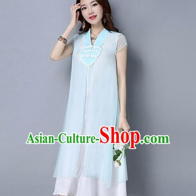 Traditional Ancient Chinese National Costume, Elegant Hanfu Chiffon Plated Buttons White Dress, China Tang Suit Chirpaur Cheongsam Elegant Dress Clothing for Women