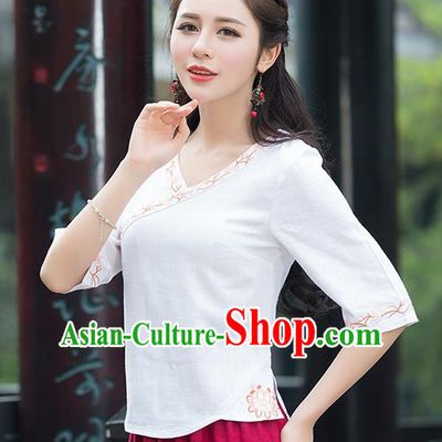 Traditional Chinese National Costume, Elegant Hanfu Embroidery White Shirt, China Tang Suit Republic of China Blouse Cheongsam Upper Outer Garment Qipao Shirts Clothing for Women