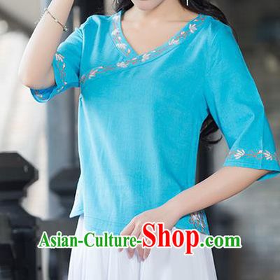 Traditional Chinese National Costume, Elegant Hanfu Embroidery Blue Shirt, China Tang Suit Republic of China Blouse Cheongsam Upper Outer Garment Qipao Shirts Clothing for Women
