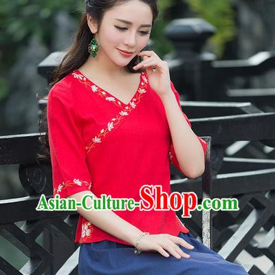 Traditional Chinese National Costume, Elegant Hanfu Embroidery Red Shirt, China Tang Suit Republic of China Blouse Cheongsam Upper Outer Garment Qipao Shirts Clothing for Women