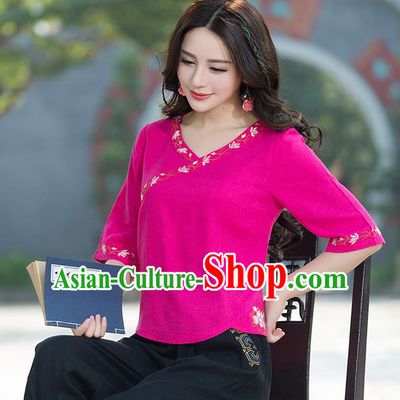 Traditional Chinese National Costume, Elegant Hanfu Embroidery Rose Shirt, China Tang Suit Republic of China Blouse Cheongsam Upper Outer Garment Qipao Shirts Clothing for Women