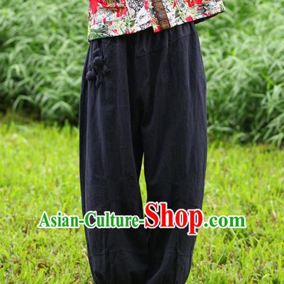 Traditional Chinese National Costume Plus Fours, Elegant Hanfu Black Bloomers, China Ethnic Minorities Folk Dance Tang Suit Pantalettes for Women