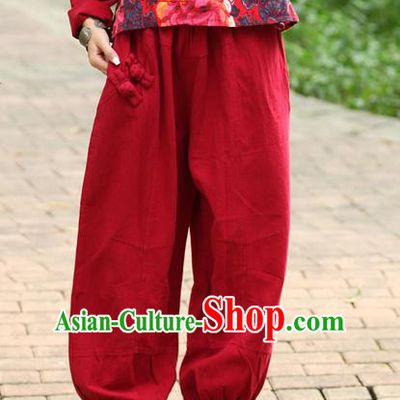 Traditional Chinese National Costume Plus Fours, Elegant Hanfu Red Bloomers, China Ethnic Minorities Folk Dance Tang Suit Pantalettes for Women