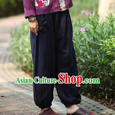 Traditional Chinese National Costume Plus Fours, Elegant Hanfu Navy Bloomers, China Ethnic Minorities Folk Dance Tang Suit Pantalettes for Women