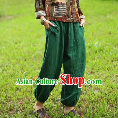 Traditional Chinese National Costume Plus Fours, Elegant Hanfu Green Bloomers, China Ethnic Minorities Folk Dance Tang Suit Pantalettes for Women