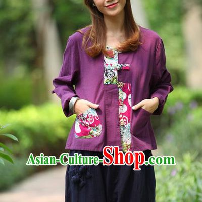 Traditional Chinese National Costume, Elegant Hanfu Patch Contrast Color Purple T-Shirt, China Tang Suit Republic of China Plated Buttons Blouse Cheongsam Upper Outer Garment Qipao Shirts Clothing for Women