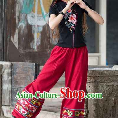 Traditional Chinese National Costume, Elegant Hanfu Embroidery Black T-Shirt, China Tang Suit Republic of China Plated Buttons Blouse Cheongsam Upper Outer Garment Qipao Shirts Clothing for Women