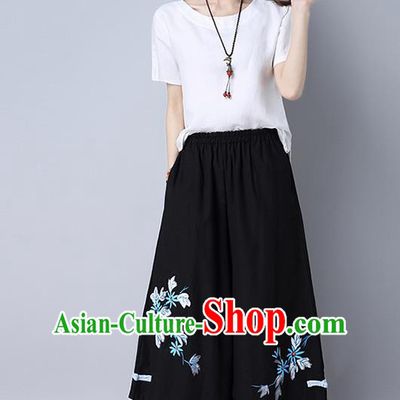 Traditional Chinese National Costume Loose Pants, Elegant Hanfu Embroidered Irregular Wide-leg Black Trousers, China Ethnic Minorities Folk Dance Baggy Pants for Women