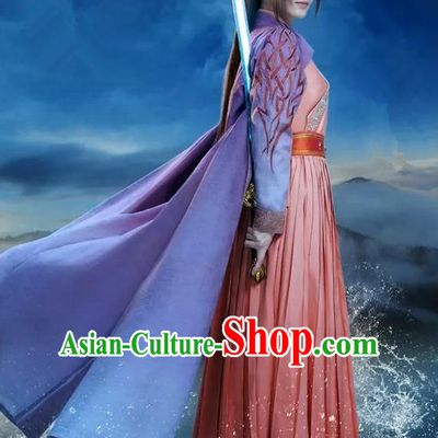 Traditional Ancient Chinese Elegant Swordsman Costume, Chinese Ancient Young Lady Heroine Dress, Cosplay Chinese Television Drama Jade Dynasty Qing Yun Faction Peri Hanfu Trailing Embroidery Clothing for Women