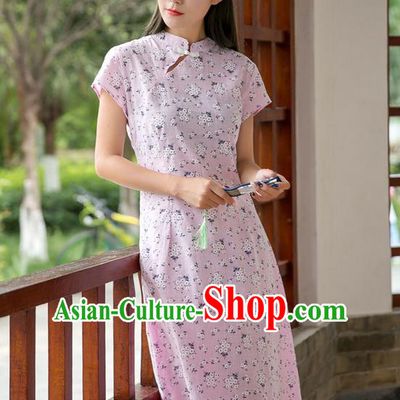 Traditional Ancient Chinese National Costume, Elegant Hanfu Mandarin Qipao Stand Collar Pink Dress, China Tang Suit Chirpaur Republic of China Plated Buttons Cheong-sam Elegant Dress Clothing for Women
