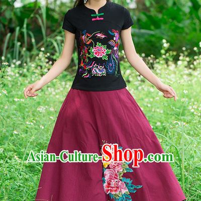 Traditional Chinese National Costume, Elegant Hanfu Embroidery Phoenix Black T-Shirt, China Tang Suit Republic of China Plated Chirpaur Buttons Blouse Cheong-sam Upper Outer Garment Qipao Shirts Clothing for Women