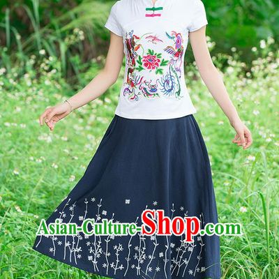 Traditional Chinese National Costume, Elegant Hanfu Embroidery Phoenix White T-Shirt, China Tang Suit Republic of China Plated Chirpaur Buttons Blouse Cheong-sam Upper Outer Garment Qipao Shirts Clothing for Women
