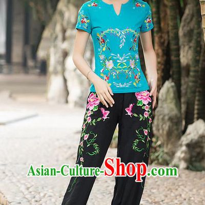 Traditional Chinese National Costume, Elegant Hanfu Embroidery Phoenix Blue T-Shirt, China Tang Suit Republic of China Plated Chirpaur Buttons Blouse Cheong-sam Upper Outer Garment Qipao Shirts Clothing for Women