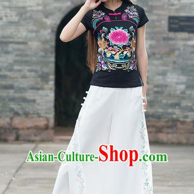 Traditional Chinese National Costume, Elegant Hanfu Embroidery Peony Flowers Black T-Shirt, China Tang Suit Republic of China Chirpaur Plated Buttons Blouse Cheong-sam Upper Outer Garment Qipao Shirts Clothing for Women