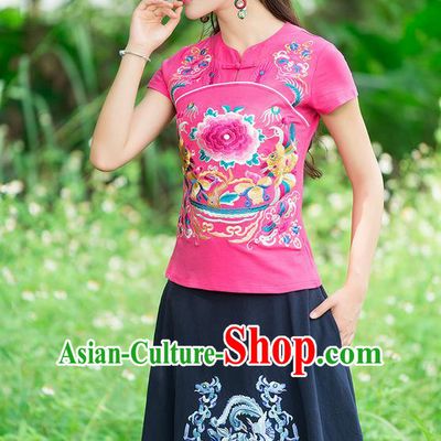 Traditional Chinese National Costume, Elegant Hanfu Embroidery Peony Flowers Pink T-Shirt, China Tang Suit Republic of China Chirpaur Plated Buttons Blouse Cheong-sam Upper Outer Garment Qipao Shirts Clothing for Women