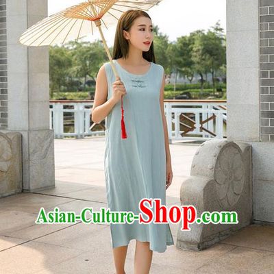 Traditional Ancient Chinese National Costume, Elegant Hanfu Mandarin Qipao Linen Blue Dress, China Tang Suit Chirpaur Republic of China Plated Buttons Cheongsam Elegant Dress Clothing for Women