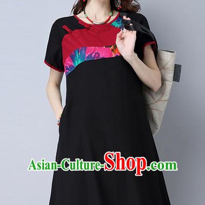 Traditional Ancient Chinese National Costume, Elegant Hanfu Mandarin Qipao Linen Black Gored Dress, China Tang Suit Chirpaur Republic of China Plated Buttons Cheongsam Elegant Dress Clothing for Women