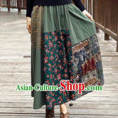 Traditional Ancient Chinese National Pleated Skirt Costume, Elegant Hanfu Floral Flowers Long Green Skirt, China Tang Suit Bust Skirt for Women