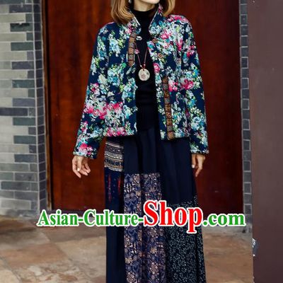 Traditional Ancient Chinese National Pleated Skirt Costume, Elegant Hanfu Floral Flowers Long Navy Skirt, China Tang Suit Bust Skirt for Women