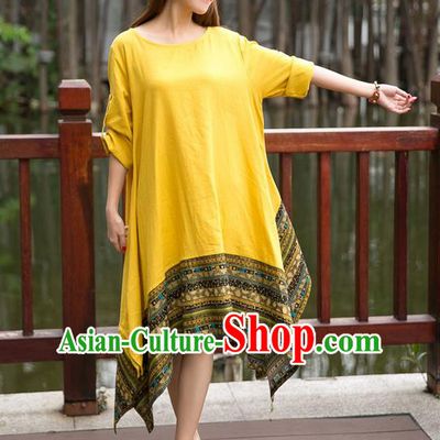 Traditional Ancient Chinese National Costume, Elegant Hanfu Big Swing Yellow Dress, China Tang Suit National Minority Chirpaur Elegant Dress Clothing for Women