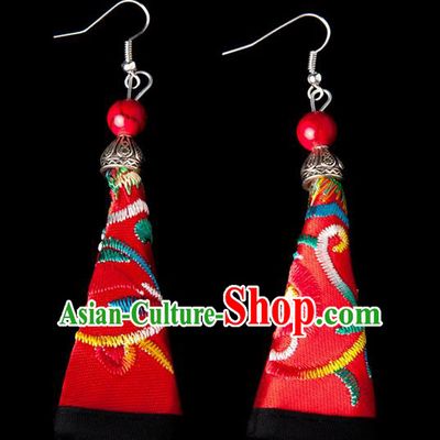 Traditional Chinese Miao Nationality Crafts, Hmong Handmade Miao Silver Embroidery Pink Earrings Pendant, China Ethnic Minority Eardrop Accessories Earbob Pendant for Women