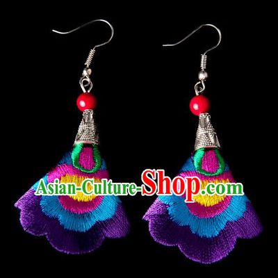 Traditional Chinese Miao Nationality Crafts, Yunnan Hmong Handmade Embroidery Flower Linen Purple Earrings Pendant, China Ethnic Minority Eardrop Accessories Earbob Pendant for Women