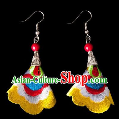 Traditional Chinese Miao Nationality Crafts, Yunnan Hmong Handmade Embroidery Flower Linen Yellow Earrings Pendant, China Ethnic Minority Eardrop Accessories Earbob Pendant for Women