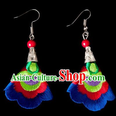 Traditional Chinese Miao Nationality Crafts, Yunnan Hmong Handmade Embroidery Flower Linen Royalblue Earrings Pendant, China Ethnic Minority Eardrop Accessories Earbob Pendant for Women