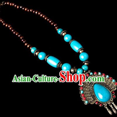 Traditional Chinese Zang Nationality Crafts, Hmong Handmade Tibet Blue Sweater Chain, Tibetan Ethnic Minority Necklace Accessories Pendant for Women