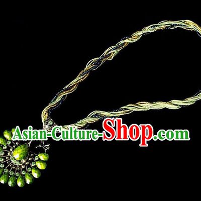 Traditional Chinese Dai Nationality Crafts, Yunan Handmade Green Peacock Sweater Chain, China Dai Ethnic Minority Necklace Accessories Pendant for Women