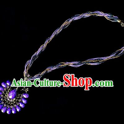 Traditional Chinese Dai Nationality Crafts, Yunan Handmade Purple Peacock Sweater Chain, China Dai Ethnic Minority Necklace Accessories Pendant for Women