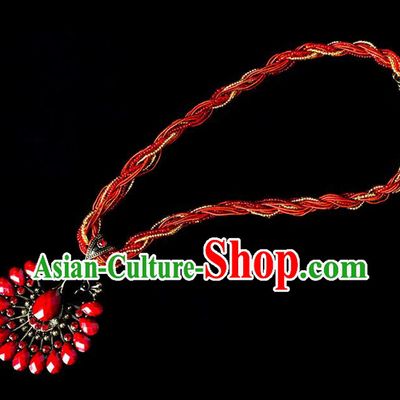 Traditional Chinese Dai Nationality Crafts, Yunan Handmade Red Peacock Sweater Chain, China Dai Ethnic Minority Necklace Accessories Pendant for Women