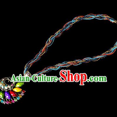 Traditional Chinese Dai Nationality Crafts, Yunan Handmade Chromatic Peacock Sweater Chain, China Dai Ethnic Minority Necklace Accessories Pendant for Women