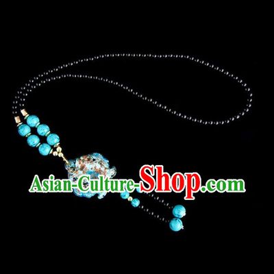 Traditional Chinese Nationality Crafts, Yunan Handmade Coloured Glaze Fish Blue Tassel Sweater Chain, China Ethnic Minority Necklace Accessories Pendant for Women