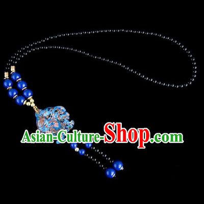 Traditional Chinese Nationality Crafts, Yunan Handmade Coloured Glaze Fish Deep Blue Tassel Sweater Chain, China Ethnic Minority Necklace Accessories Pendant for Women