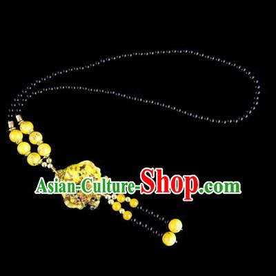 Traditional Chinese Nationality Crafts, Yunan Handmade Coloured Glaze Fish Yellow Tassel Sweater Chain, China Ethnic Minority Necklace Accessories Pendant for Women