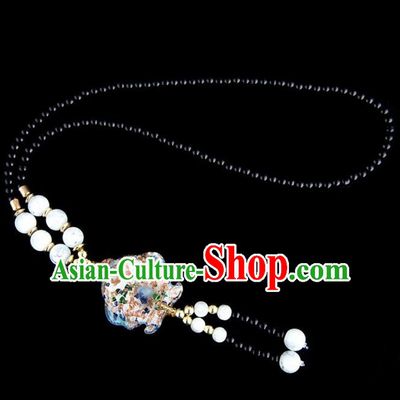 Traditional Chinese Nationality Crafts, Yunan Handmade Coloured Glaze Fish White Tassel Sweater Chain, China Ethnic Minority Necklace Accessories Pendant for Women