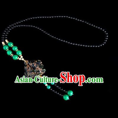 Traditional Chinese Nationality Crafts, Yunan Handmade Coloured Glaze Fish Green Tassel Sweater Chain, China Ethnic Minority Necklace Accessories Pendant for Women