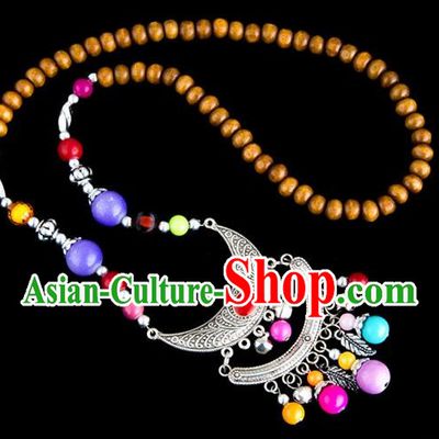 Traditional Chinese Zang Nationality Crafts, Hmong Handmade Tibet Log Beads Tassel Bells Sweater Chain, Tibetan Ethnic Minority Necklace Accessories Pendant for Women