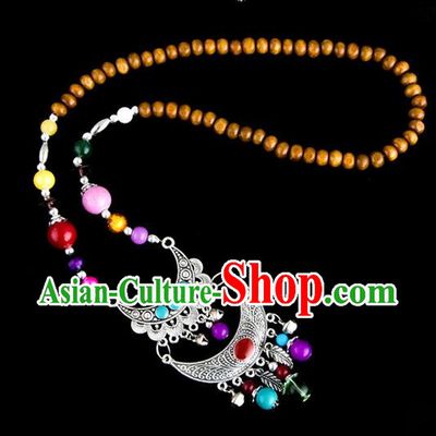 Traditional Chinese Zang Nationality Crafts, Hmong Handmade Tibet Log Beads Tassel Bells Sweater Chain, Tibetan Ethnic Minority Necklace Accessories Pendant for Women