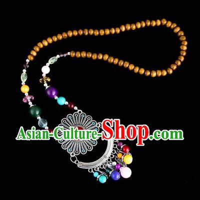 Traditional Chinese Zang Nationality Crafts, Hmong Handmade Tibet Log Beads Tassel Bells Sweater Chain, Tibetan Ethnic Minority Necklace Accessories Pendant for Women