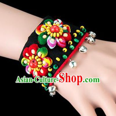 Traditional Chinese Miao Nationality Crafts, Yunan Hmong Handmade Bracelet Bells Cuff Hand Decorative, China Miao Ethnic Minority Bangle Accessories for Women