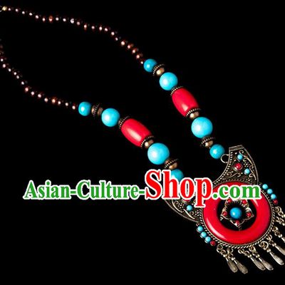 Traditional Chinese Zang Nationality Crafts, Handmade Tibet Beads Red Tassel Sweater Chain, Tibetan Ethnic Minority Necklace Accessories Pendant for Women