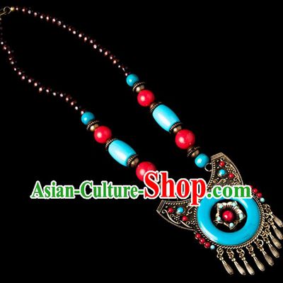 Traditional Chinese Zang Nationality Crafts, Handmade Tibet Beads Blue Tassel Sweater Chain, Tibetan Ethnic Minority Necklace Accessories Pendant for Women