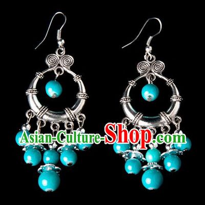 Traditional Chinese Miao Nationality Crafts, Yunnan Hmong Handmade Blue Beads Tassel Earrings Pendant, China Ethnic Minority Eardrop Accessories Earbob Pendant for Women