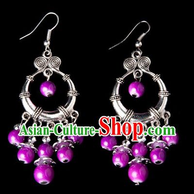 Traditional Chinese Miao Nationality Crafts, Yunnan Hmong Handmade Rose Beads Tassel Earrings Pendant, China Ethnic Minority Eardrop Accessories Earbob Pendant for Women