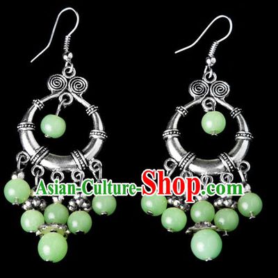 Traditional Chinese Miao Nationality Crafts, Yunnan Hmong Handmade Green Beads Tassel Earrings Pendant, China Ethnic Minority Eardrop Accessories Earbob Pendant for Women